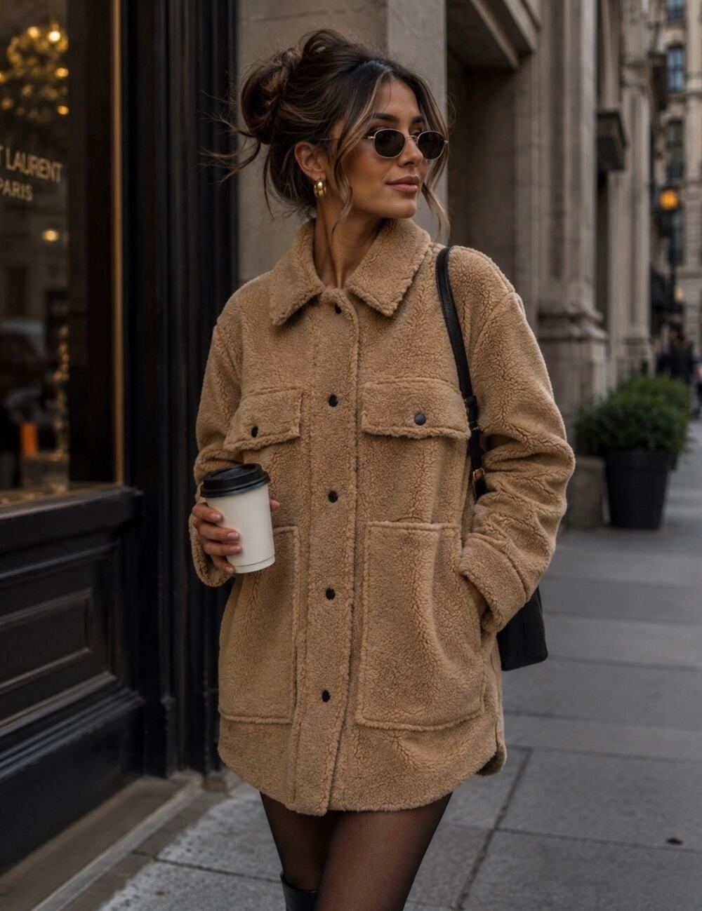 ZARA Faux Shearling Overshirt Jacket - Camel, Size S